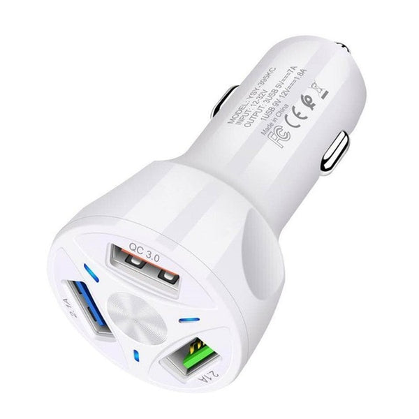 USB universal car charger for mobile phones 3 port white color