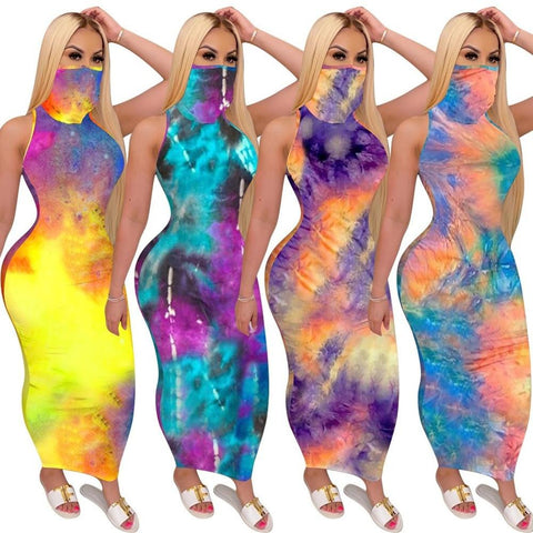 Women Bodycon Sleeveless Long Dress Fashion Neck Tie Dye Summer Sundress Outfit Club Party Night Dress Streetwear 2020 Clothing