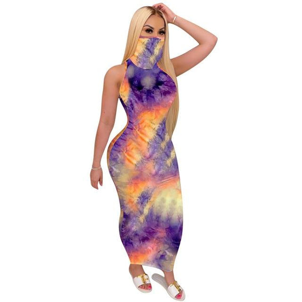 Women Bodycon Sleeveless Long Dress Fashion Neck Tie Dye Summer Sundress Outfit Club Party Night Dress Streetwear 2020 Clothing