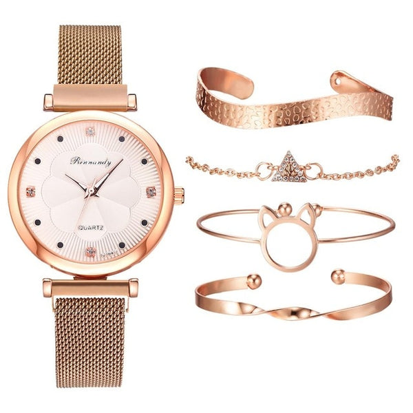 Rose gold  luxury wrist watch and bracelet set for women