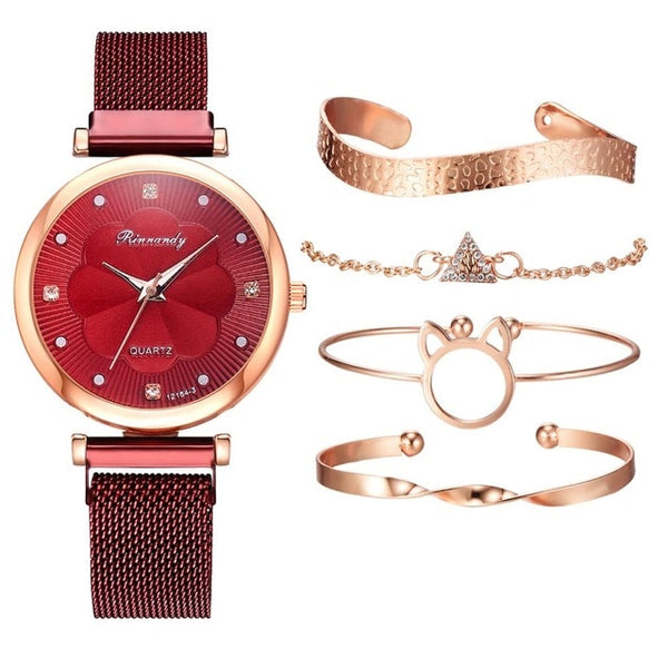 Vine red  luxury wrist watch and bracelet set for women