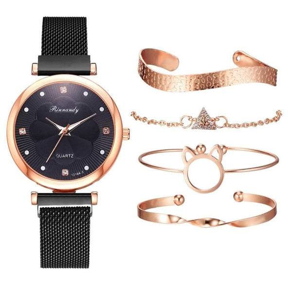 Black  luxury wrist watch and bracelet set for women