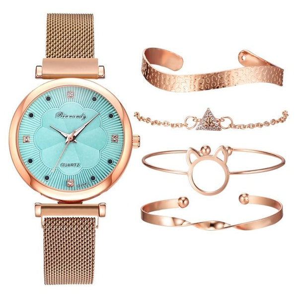 Rose gold luxury wrist watch and bracelet set for women