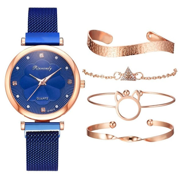 Blue color  luxury wrist watch and bracelet set for women