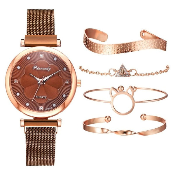 Coffee color  luxury wrist watch and bracelet set for women