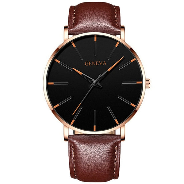 Ultra thin mens watch with leather strap 