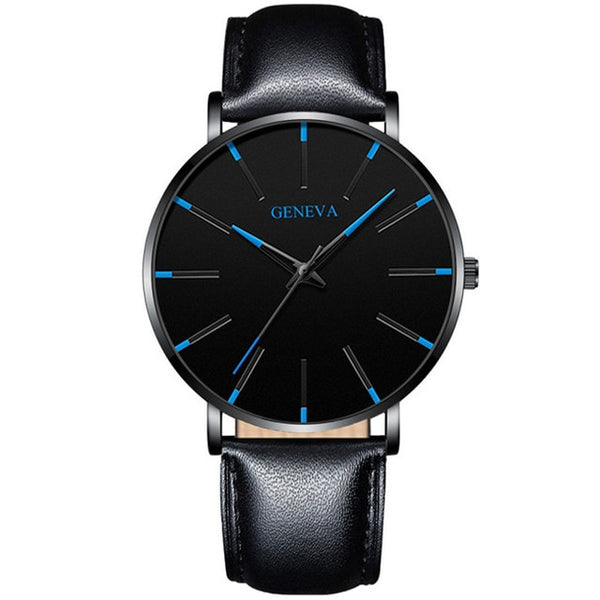 Black mens fashion watch with leather straps 