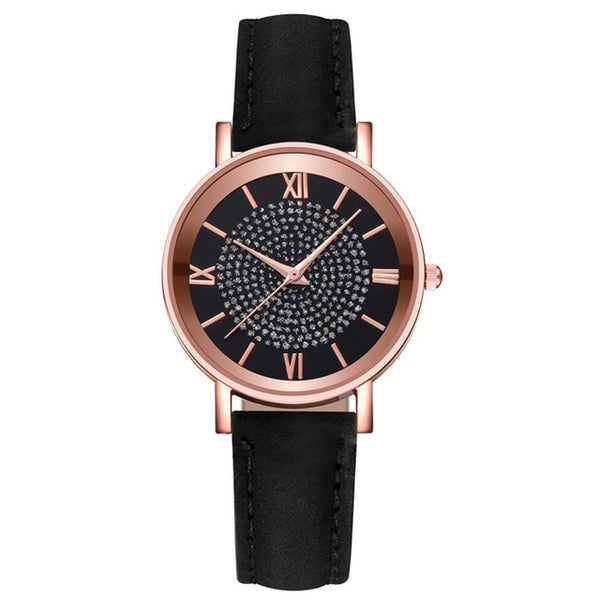 Branded wrist watch with black leather strap 