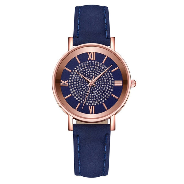 Blue wrist watch for men and women with leather strap 