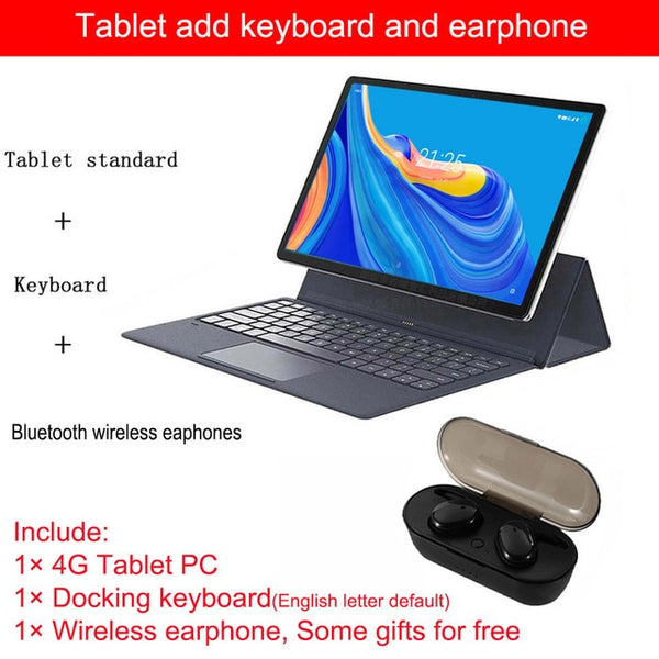 4G tablet PC and docking keyboard and wireless earphones