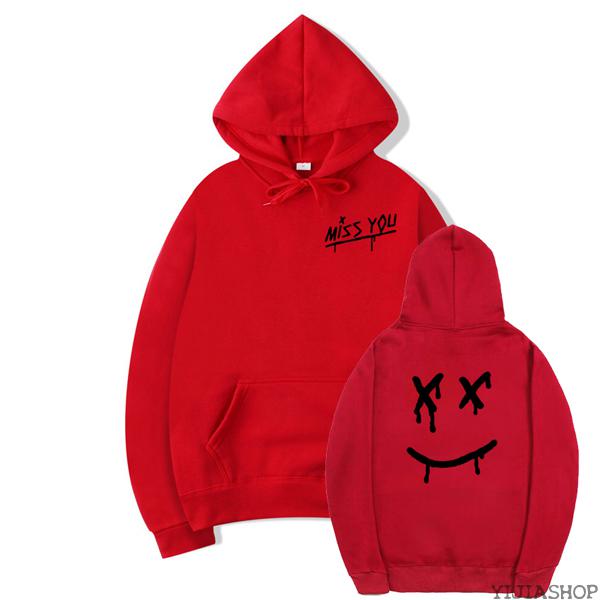 Red hoodie with smiley face and face mask for men and women