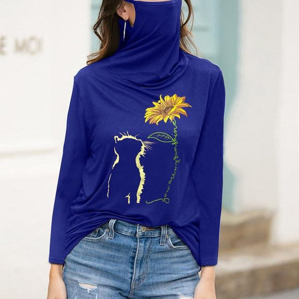 Blue flower t shirt with face mask for women 