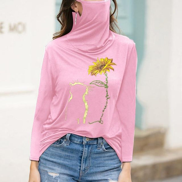 Women's Cat Flower T-shirt With Face mask Casual Loose Turtleneck  Long Sleeve Pullover Top Lady  Autumn Harajuku blusas T-shirt