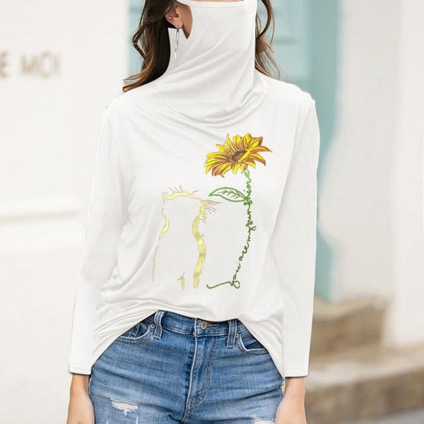 White flower t shirt with face mask for women 