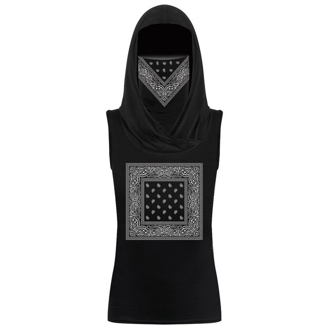 Phantasy Women T-shirts Fashion 3D Printed Mask T-Shirts Hooded Half Face Mask Tops Halloween Sleeveless Tshirt Set with Mask