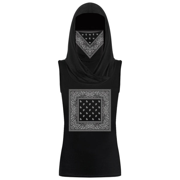 Phantasy Women T-shirts Fashion 3D Printed Mask T-Shirts Hooded Half Face Mask Tops Halloween Sleeveless Tshirt Set with Mask