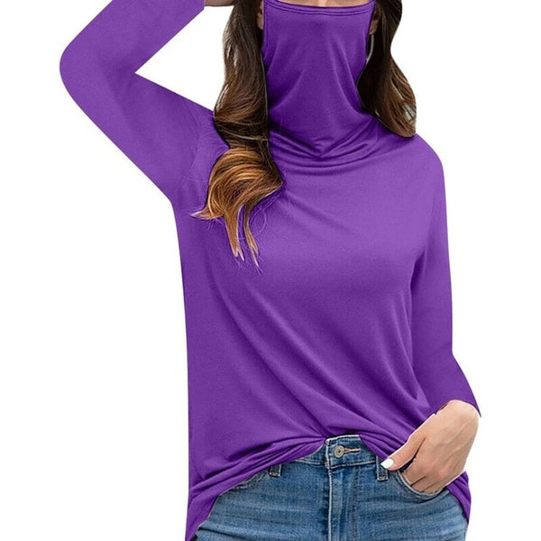 Solid purple color t shirt with dust proof face mask for women