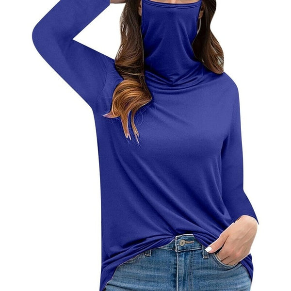 Solid blue color t shirt with dust proof face mask for women 