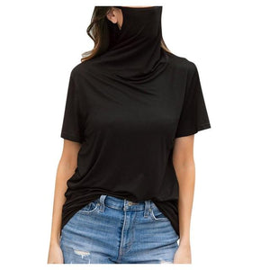 Short sleeve black casual t shirt with face shield for women