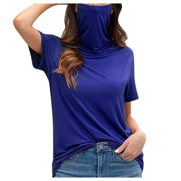 Short sleeve blue casual t shirt with face shield for women 