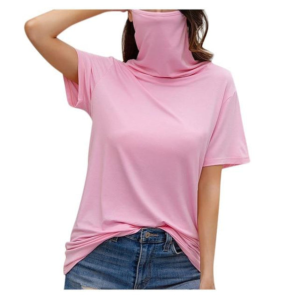 Short sleeve pink casual t shirt with face shield for women