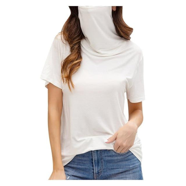 Short sleeve white casual t shirt with face shield for women