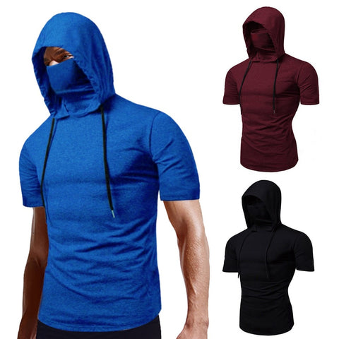 Short sleeve hoodie with face mask for men 