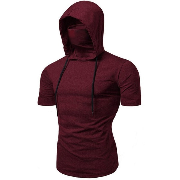 Black short sleeve hoodie with face mask for men