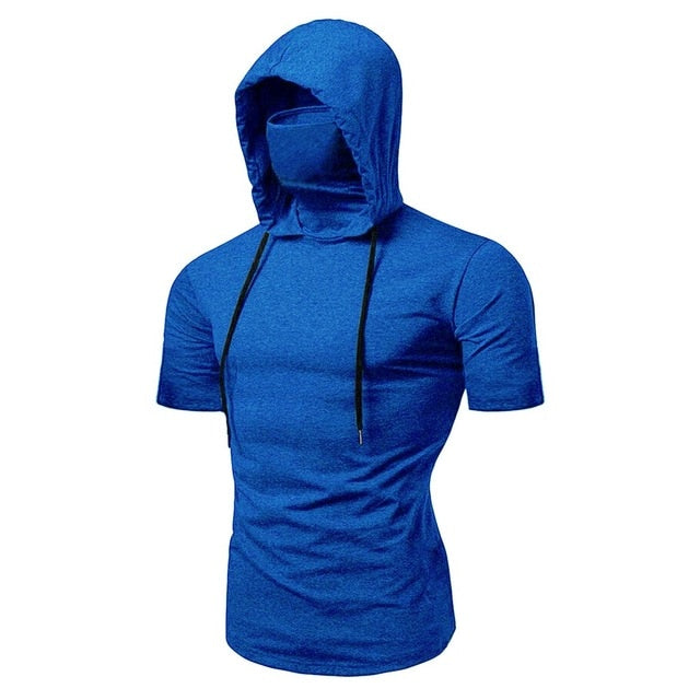 Dark blue short sleeve hoodie with face mask for men 