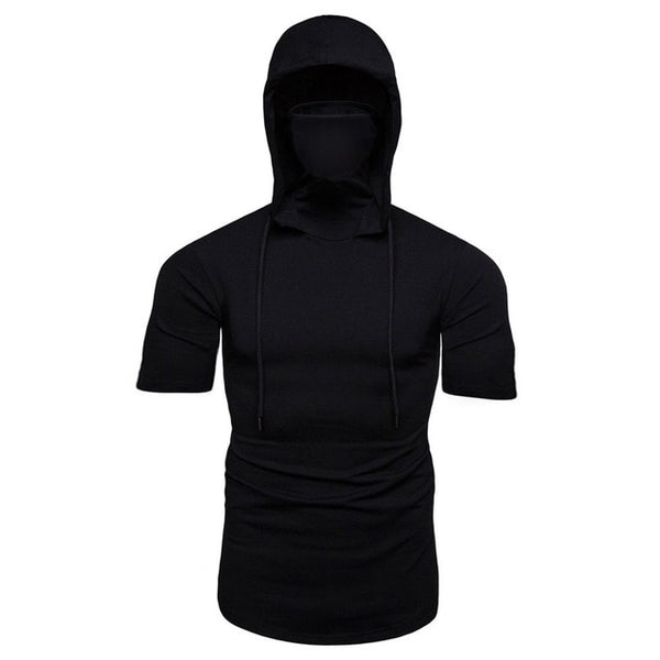 Black short sleeve hoodie with face mask for men