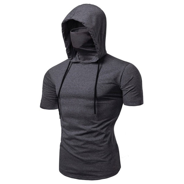 Gray short sleeve hoodie with face mask for men