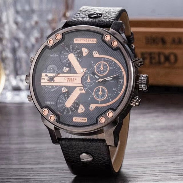 Luxury wrist watch with leather strap for men