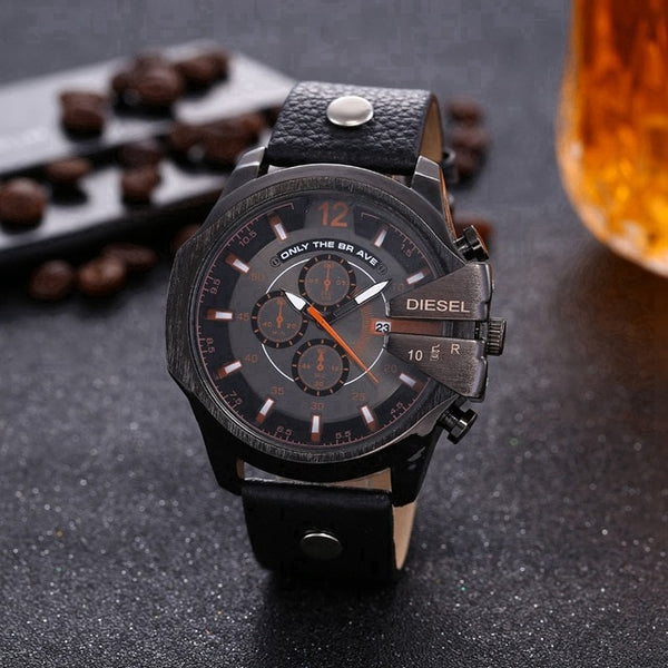 Branded wrist watch with leather strap for men 