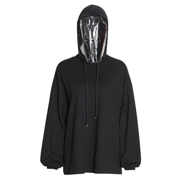 Long sleeve black sweatshirt with hood and face mask for women 