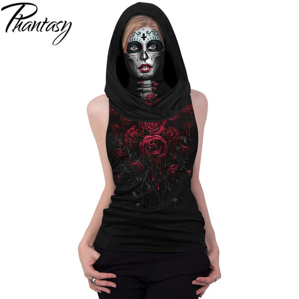 Phantasy Skull Skeleton T-shirts Women Print Clothing Hooded Face Mask Tshirt Halloween Cosplay Scarf Tops Sleeveless Streetwear