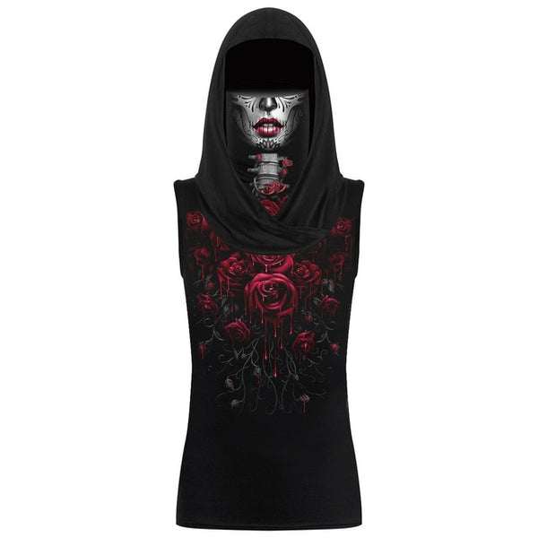 Phantasy Skull Skeleton T-shirts Women Print Clothing Hooded Face Mask Tshirt Halloween Cosplay Scarf Tops Sleeveless Streetwear